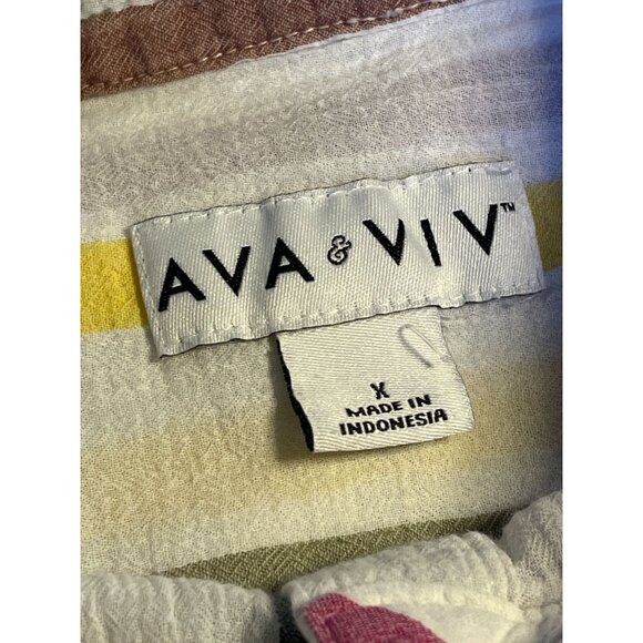 Ava & VIV muslin cotton vertical stripe cap sleeve button front collared top 14W - Picture 5 of 10